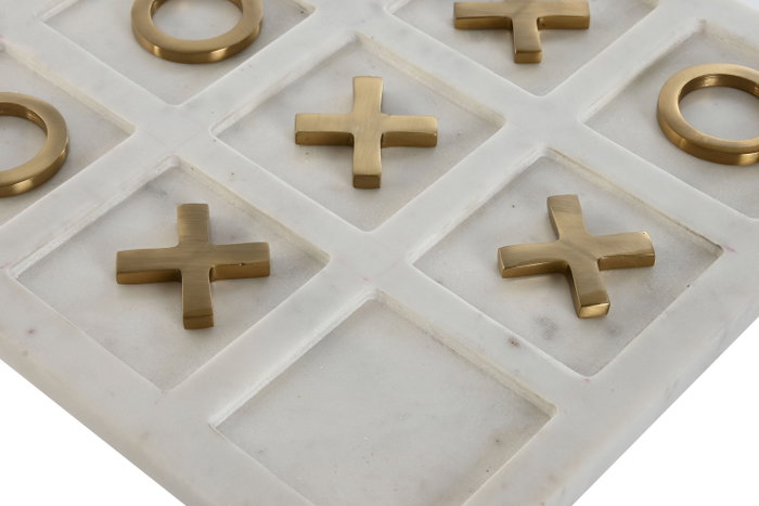 DKD Home Decor Juego de Mesa Tres en Raya de Mármol 30x30x1,5 cm Blanco y Dorado