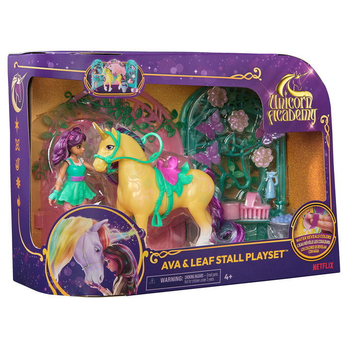 Spin Master Unicorn Academy - Ava y Einhorn Leaf Stall Set de Juego con Efecto Cambiante de Color, 15 Accesorios, Muñeca y Unicornio, Juguete para Niñas de 4+ Años