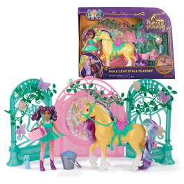Spin Master Unicorn Academy - Ava y Einhorn Leaf Stall Set de Juego con Efecto Cambiante de Color, 15 Accesorios, Muñeca y Unicornio, Juguete para Niñas de 4+ Años