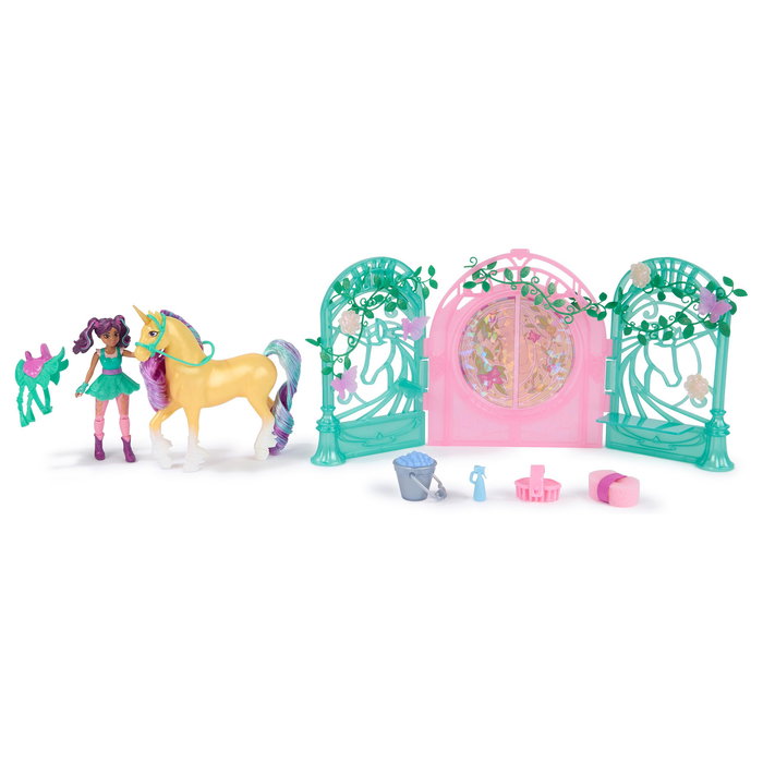 Spin Master Unicorn Academy - Ava y Einhorn Leaf Stall Set de Juego con Efecto Cambiante de Color, 15 Accesorios, Muñeca y Unicornio, Juguete para Niñas de 4+ Años