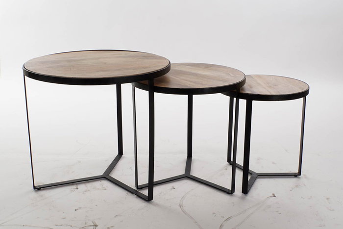 DKD Home Decor Set de 3 Mesitas Auxiliares de Metal y Mango Natural