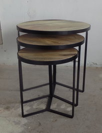 DKD Home Decor Set de 3 Mesitas Auxiliares de Metal y Mango Natural