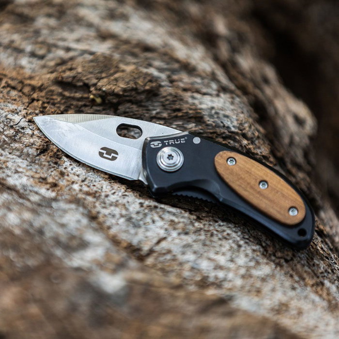 True Navaja Jacknife TU576K - Cuchilla plegable acero inoxidable grado 420, mango madera caoba, robusta resistente, clip bolsillo/cinturón