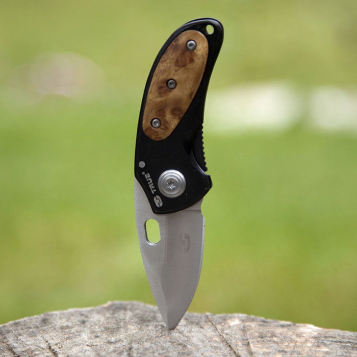 True Navaja Jacknife TU576K - Cuchilla plegable acero inoxidable grado 420, mango madera caoba, robusta resistente, clip bolsillo/cinturón