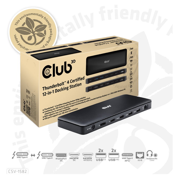 Club 3D Docking Station Thunderbolt 4 12-in-1, Estación de Acoplamiento con 3 Salidas de Pantalla y Bandeja de Almacenamiento