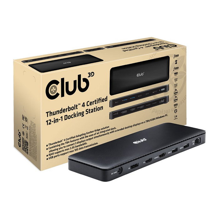 Club 3D Docking Station Thunderbolt 4 12-in-1, Estación de Acoplamiento con 3 Salidas de Pantalla y Bandeja de Almacenamiento