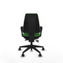 Silla de oficina Elche con mecanismo Asincro tapizada con Tela color Verde. Equipada con Base piramidal negra, Brazos fijos y Ruedas 65mm nailon
