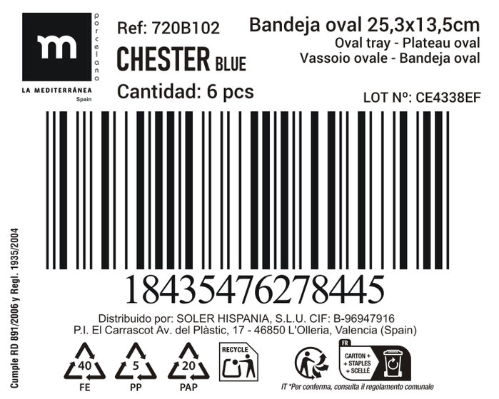 La Mediterranea Bandeja Oval Chester Blue 25.3x14.5cm, 12 unidades