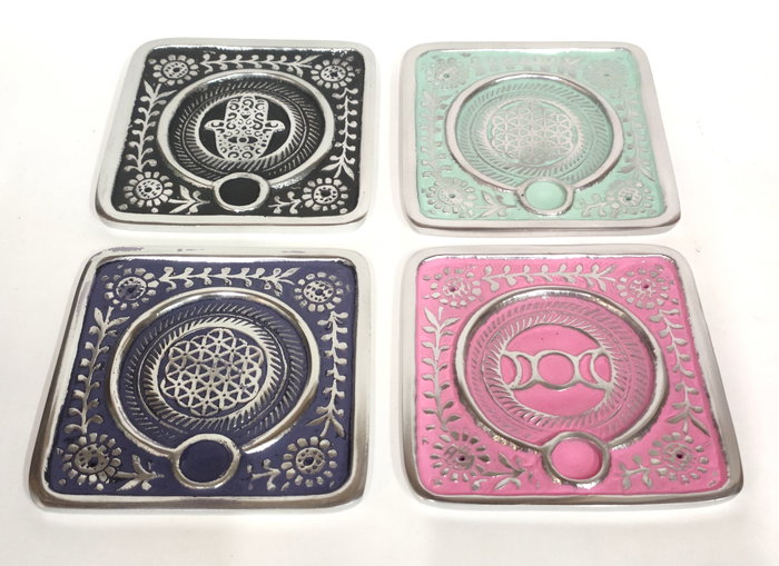 DKD Home Decor Soporte Incienso Indio Aluminio Azul Verde Jade Hamsa Mandala Lunas 9.5 x 1 x 9.5 cm (8 Unidades)