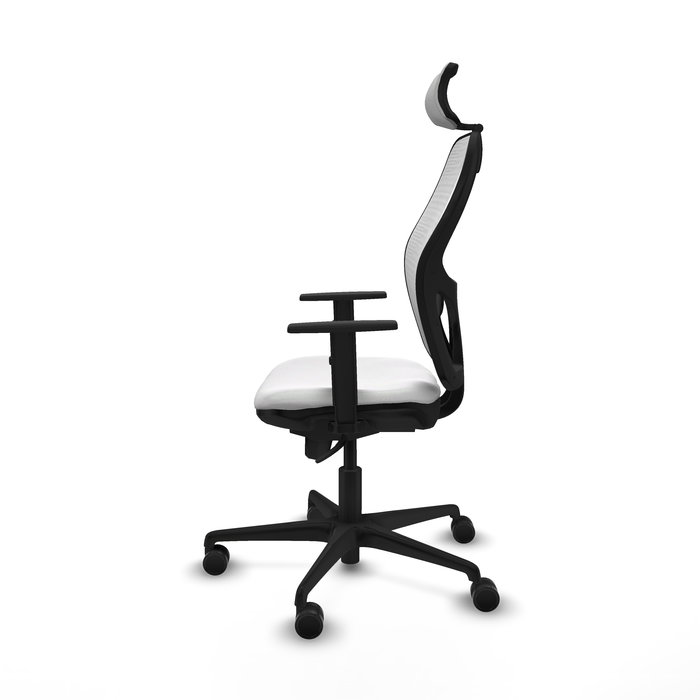 Silla de oficina Jorquera con mecanismo Sincro tapizada con Tela color Blanco. Equipada con lumbar 1D, Brazos 1D, Cabecero 2D y Ruedas 65mm nailon