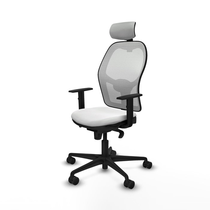 Silla de oficina Jorquera con mecanismo Sincro tapizada con Tela color Blanco. Equipada con lumbar 1D, Brazos 1D, Cabecero 2D y Ruedas 65mm nailon