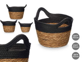 Giftdecor - Set de 3 Cestos Redondos con Asas de Esparto y Papel, Negro, 16 cm de Alto (Grande 26x20x16 cm, Mediano, Pequeño) para Organización o Decoración (Set de 8)