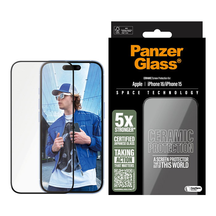 PanzerGlass Protector de Pantalla Ceramic iPhone 16 / 15 UWF con EasyAligner, Resistente a Rayones y Golpes, Aplicación en Seco, Incluye Bandeja de Instalación, 1 Unidad
