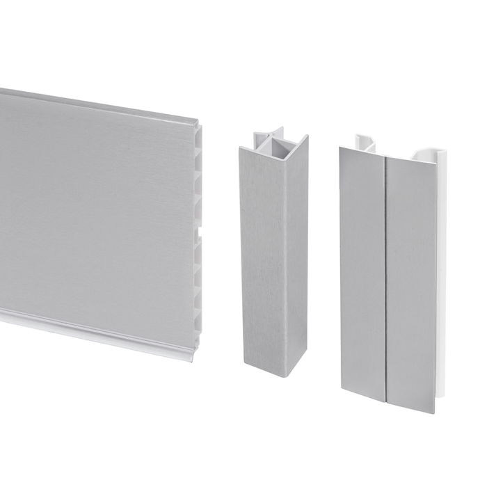 Emuca Lote de 2 zócalos para cocina Plasline con accesorios de unión, altura 150mm, 2 barras de lognitud 2.35m, Plástico, Anodizado satinado Emuca Lote de 2 zócalos para cocina Plasline con accesorios de unión, altura 150mm, 2 barras de lognitud 2.35m, Plástico, Anodizado satinado