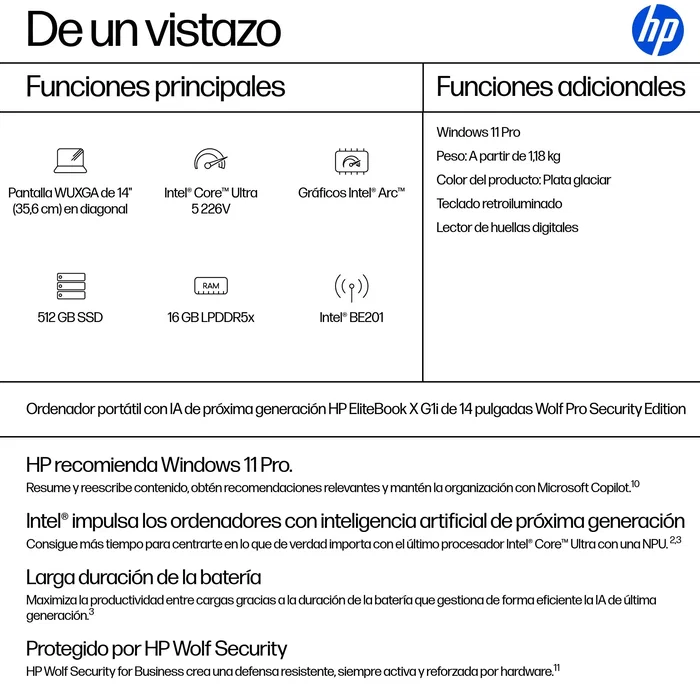 HP EliteBook X G1i 14 pulgadas Intel Core Ultra 5 226V 16GB 512GB SSD Plata HP EliteBook X G1i 14 pulgadas Intel Core Ultra 5 226V 16GB 512GB SSD Plata