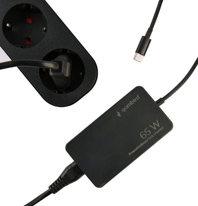 Gembird Cargador Rápido USB Tipo-C 65W con Cable Integrado, Alimentación para Laptop, Teléfono, Tablet