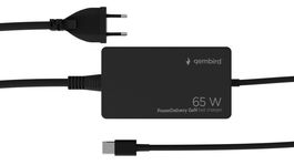 Gembird Cargador Rápido USB Tipo-C 65W con Cable Integrado, Alimentación para Laptop, Teléfono, Tablet