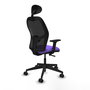 Silla de oficina Alocén con mecanismo Sincro tapizada con Tela color Lila y malla color Negro. Equipada con lumbar 1D, Brazos 2D, Cabecero Fijo y Ruedas 65mm nailon