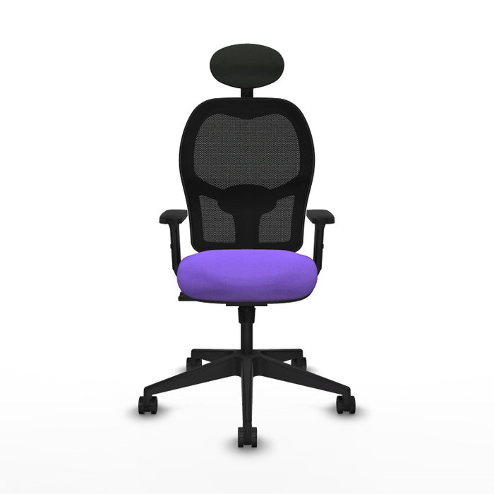 Silla de oficina Alocén con mecanismo Sincro tapizada con Tela color Lila y malla color Negro. Equipada con lumbar 1D, Brazos 2D, Cabecero Fijo y Ruedas 65mm nailon