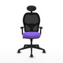 Silla de oficina Alocén con mecanismo Sincro tapizada con Tela color Lila y malla color Negro. Equipada con lumbar 1D, Brazos 2D, Cabecero Fijo y Ruedas 65mm nailon