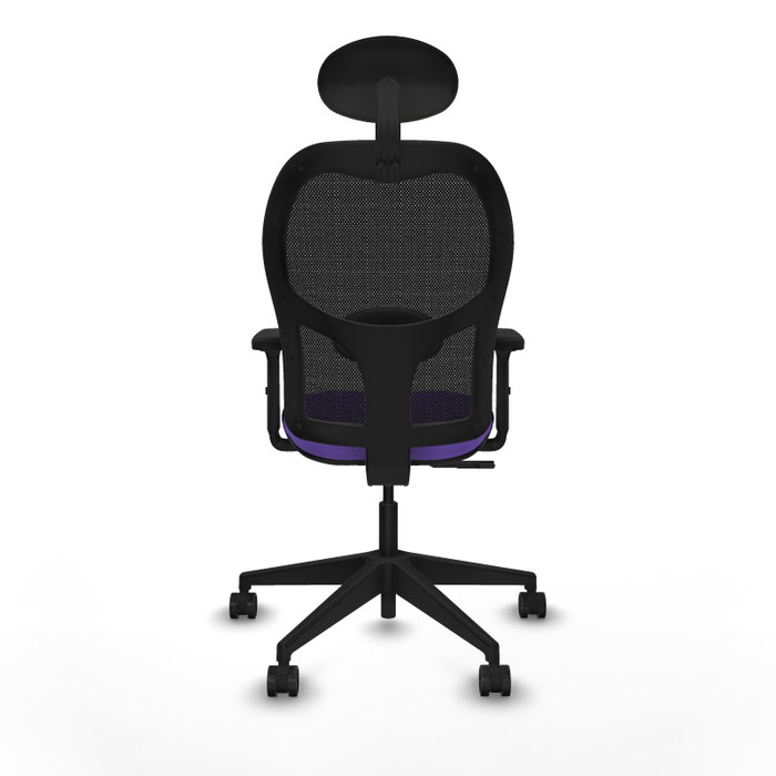 Silla de oficina Alocén con mecanismo Sincro tapizada con Tela color Lila y malla color Negro. Equipada con lumbar 1D, Brazos 2D, Cabecero Fijo y Ruedas 65mm nailon