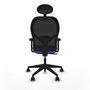 Silla de oficina Alocén con mecanismo Sincro tapizada con Tela color Lila y malla color Negro. Equipada con lumbar 1D, Brazos 2D, Cabecero Fijo y Ruedas 65mm nailon