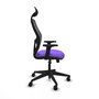 Silla de oficina Alocén con mecanismo Sincro tapizada con Tela color Lila y malla color Negro. Equipada con lumbar 1D, Brazos 2D, Cabecero Fijo y Ruedas 65mm nailon