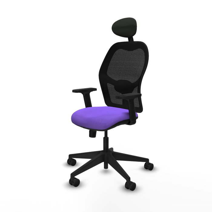 Silla de oficina Alocén con mecanismo Sincro tapizada con Tela color Lila y malla color Negro. Equipada con lumbar 1D, Brazos 2D, Cabecero Fijo y Ruedas 65mm nailon