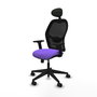 Silla de oficina Alocén con mecanismo Sincro tapizada con Tela color Lila y malla color Negro. Equipada con lumbar 1D, Brazos 2D, Cabecero Fijo y Ruedas 65mm nailon
