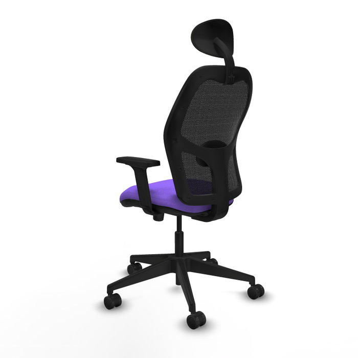 Silla de oficina Alocén con mecanismo Sincro tapizada con Tela color Lila y malla color Negro. Equipada con lumbar 1D, Brazos 2D, Cabecero Fijo y Ruedas 65mm nailon