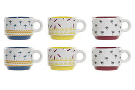 DKD Home Decor Set de 6 Tazas de Gres Colección Africa Turquesa Azul Amarillo 12 x 7 x 24 cm Capacidad 90 ml Apto Microondas Lavavajillas