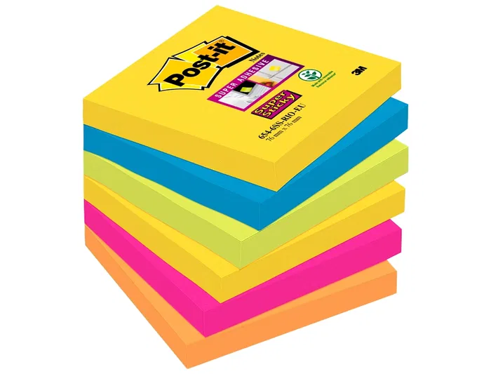 Post-it Bloc de notas adhesivas Super Sticky 76x76 mm con 90 hojas, Pack de 6, Colores Surtidos Post-it Bloc de notas adhesivas Super Sticky 76x76 mm con 90 hojas, Pack de 6, Colores Surtidos
