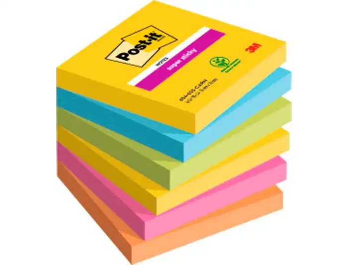Post-it Bloc de notas adhesivas Super Sticky 76x76 mm con 90 hojas, Pack de 6, Colores Surtidos Post-it Bloc de notas adhesivas Super Sticky 76x76 mm con 90 hojas, Pack de 6, Colores Surtidos