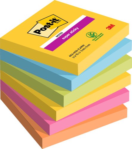 Post-it Pack de 6 Blocs de Notas Adhesivas Super Sticky 76x76 mm Colores Surtidos
