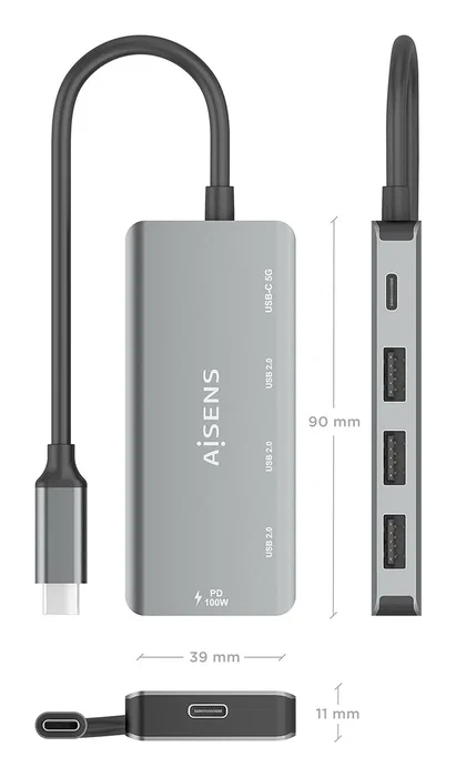 Hub usb tipo-c aisens a109-0945 3xusb 1xusb tipo-c 1xusb tipo-c pd gris
