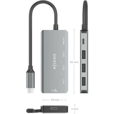 Aisens Hub USB Tipo-C A109-0945 3xUSB 1xUSB Tipo-C 1xUSB Tipo-C PD Gris
