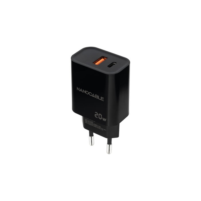 NANO CABLE Cargador de Pared 20W USB-C PD y USB-A QC Negro NANO CABLE Cargador de Pared 20W USB-C PD y USB-A QC Negro