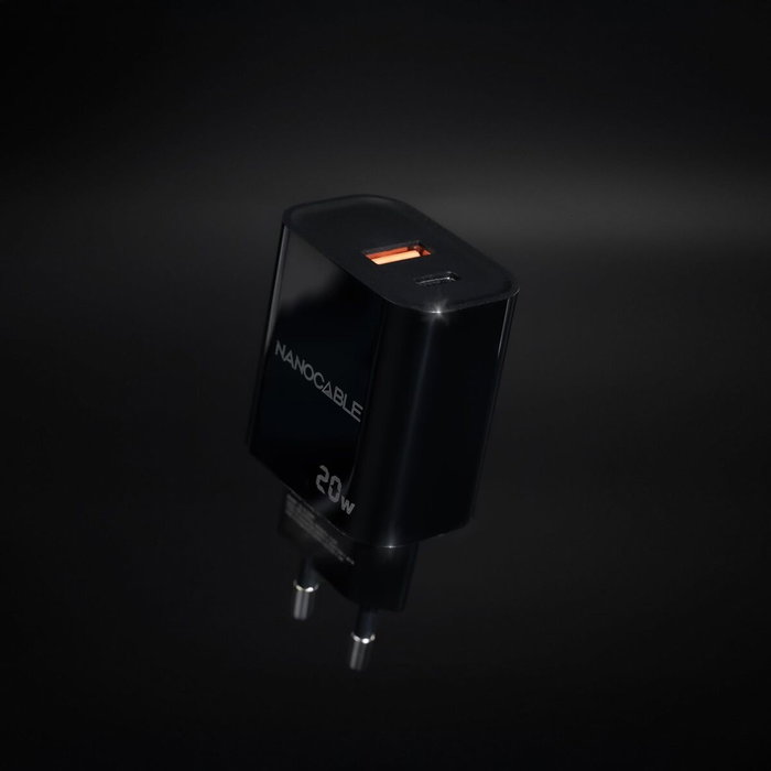 NANO CABLE Cargador de Pared 20W USB-C PD y USB-A QC Negro NANO CABLE Cargador de Pared 20W USB-C PD y USB-A QC Negro
