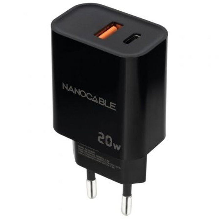 NANO CABLE Cargador de Pared 20W USB-C PD y USB-A QC Negro NANO CABLE Cargador de Pared 20W USB-C PD y USB-A QC Negro