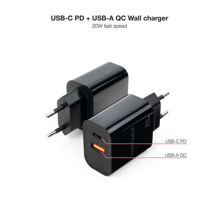 NANO CABLE Cargador de Pared 20W USB-C PD y USB-A QC Negro NANO CABLE Cargador de Pared 20W USB-C PD y USB-A QC Negro