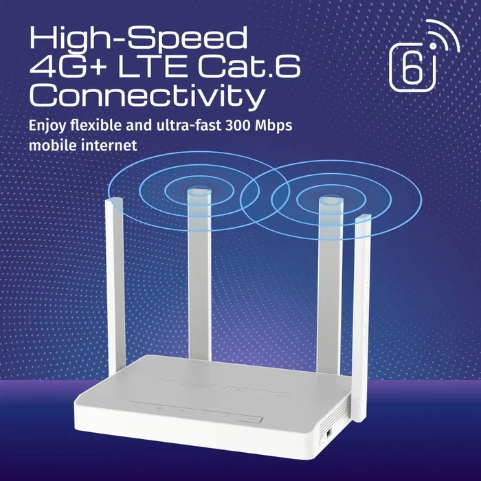 Keenetic Hero 4G+ (KN-2311) Router Inalámbrico 4G/LTE AX1800 con Wi-Fi 6 Mesh, Puertos Gigabit Ethernet, USB 3.0 y 4 Antenas, Gris y Blanco