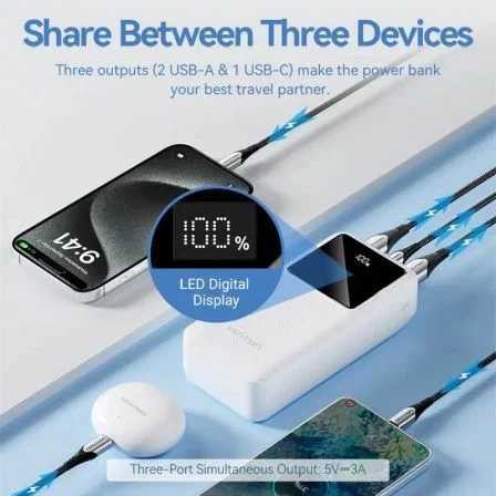 Vention FHMW0 Powerbank 30000mAh 22.5W Blanca con Pantalla LED, Micro-USB, USB-C, USB-A para Carga Rápida