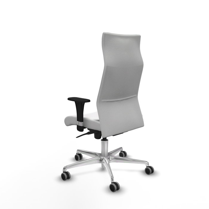 Sillón Albacete con mecanismo Sincro tapizada con Tela color Blanco. Equipado con Base aluminio, Brazos 1D y Ruedas 65 mm parqué