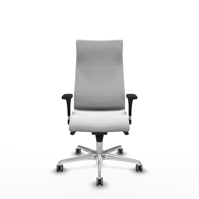 Sillón Albacete con mecanismo Sincro tapizada con Tela color Blanco. Equipado con Base aluminio, Brazos 1D y Ruedas 65 mm parqué