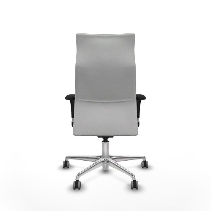 Sillón Albacete con mecanismo Sincro tapizada con Tela color Blanco. Equipado con Base aluminio, Brazos 1D y Ruedas 65 mm parqué