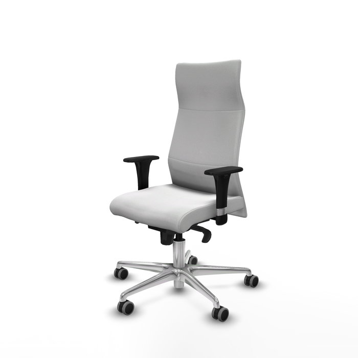 Sillón Albacete con mecanismo Sincro tapizada con Tela color Blanco. Equipado con Base aluminio, Brazos 1D y Ruedas 65 mm parqué