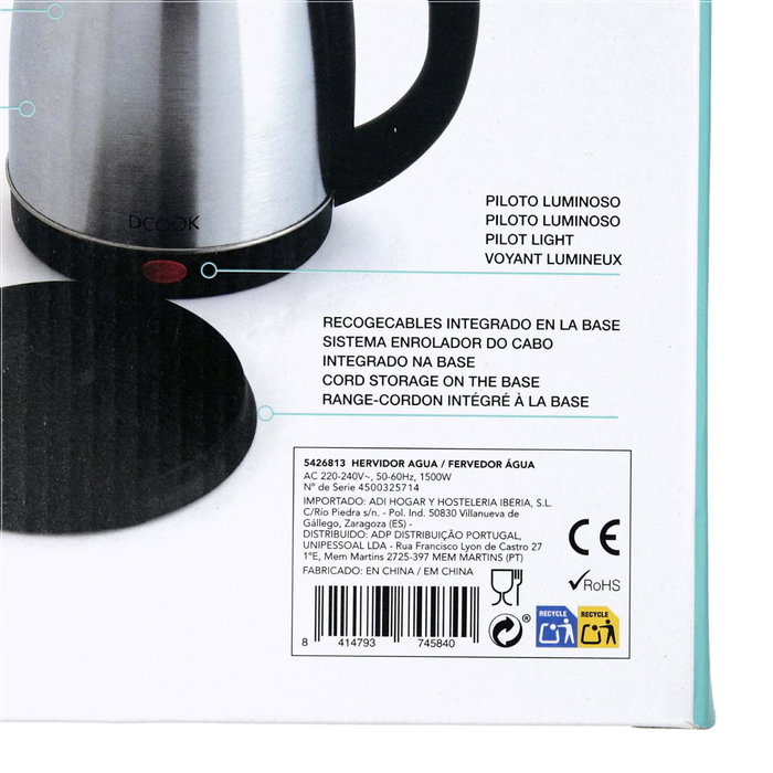 Hervidor Acero Inoxidable Gallery DCook 1,8 L 1500 W