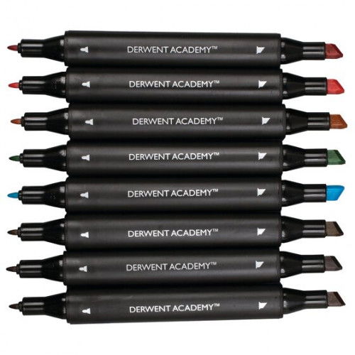 Derwent 98208 Pack 8 Rotuladores 2 Puntas Fina y Biselada Alta Calidad Colores Surtidos