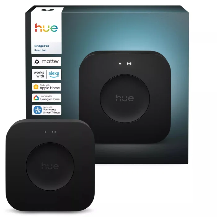 Philips Hue Bridge Pro V3, Hub Inalámbrico Bluetooth para Smart Home, Compatible con Alexa y Google Assistant, Controla hasta 150 Bombillas Philips Hue, Versión UE, Negro