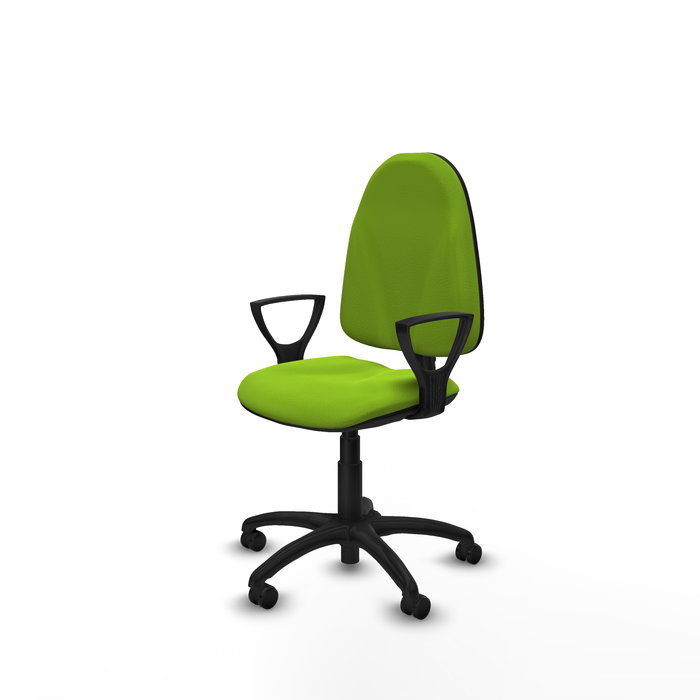 Silla de oficina Algarra con mecanismo Contacto permanente básico tapizada con Similpiel color Pistacho. Equipada con Base poliamida negra, Brazos fijos y Ruedas de parqué